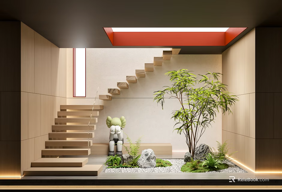Modern Minimalist Wooden Staircase With Green Plants Skylight And Decorative Figurine 3d model 