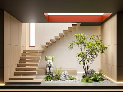 Modern Minimalist Wooden Staircase With Green Plants Skylight And Decorative Figurine 3d model