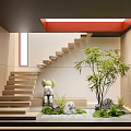 Modern Minimalist Wooden Staircase With Green Plants Skylight And Decorative Figurine