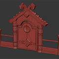 Wooden Carved Entrance Gate With Decorative Roof Railings And Metal Accents