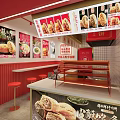 Modern Mall Snack Shop with Red Decor Display Counter Stools and Food Posters