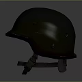 Worn Dark Green Military Helmet With Chin Strap And Protective Gear Feature