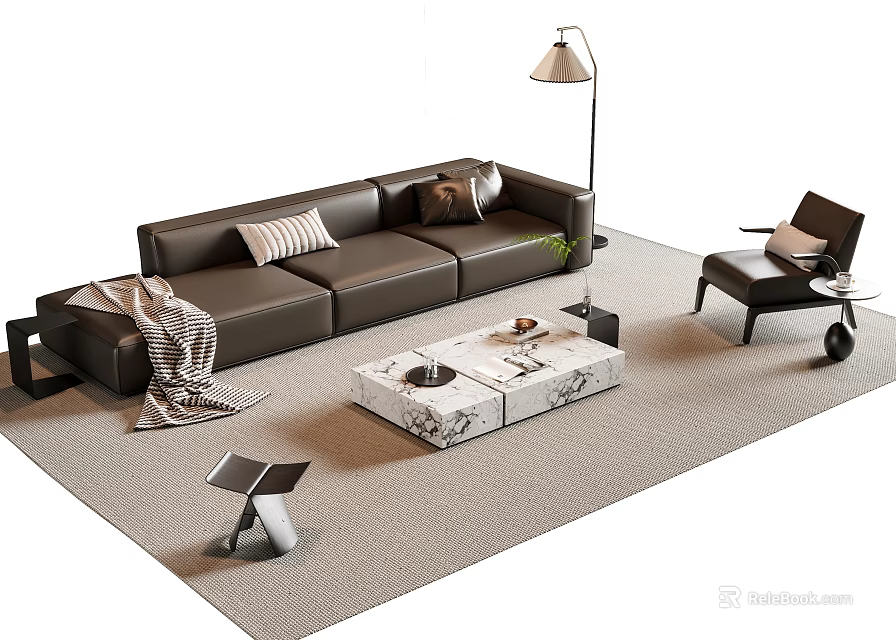 Modern Leather Sofa Coffee Table Set With Marble Top Cushions Throw Blanket And Floor Lamp 3d model 