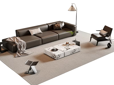 Modern Leather Sofa Coffee Table Set With Marble Top Cushions Throw Blanket And Floor Lamp 3d model