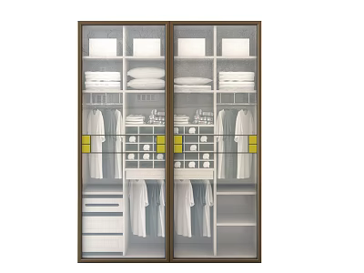 Modern Double Door Glass Wardrobe With Folded Clothes Hanging Garments Drawers And Shelves 3d model