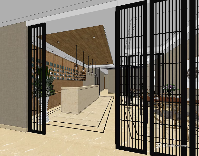 Modern Reception Interior With Beige Counter Black Lattice Gates Wooden Ceiling And Hanging Lights 3d model 
