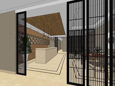 Modern Reception Interior With Beige Counter Black Lattice Gates Wooden Ceiling And Hanging Lights 3d model