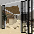 Modern Reception Interior With Beige Counter Black Lattice Gates Wooden Ceiling And Hanging Lights