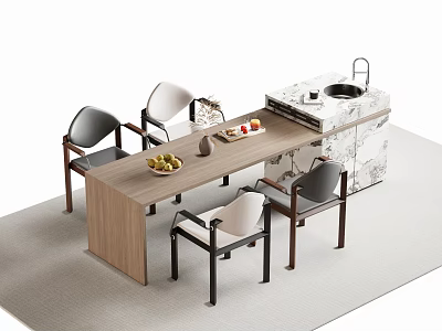 Modern Bar Counter with Wooden Dining Table Chairs Fresh Fruit and Marble Top 3d model