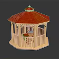 Detailed Wooden Octagonal Gazebo With Red Tiled Roof And Interior Table Chairs