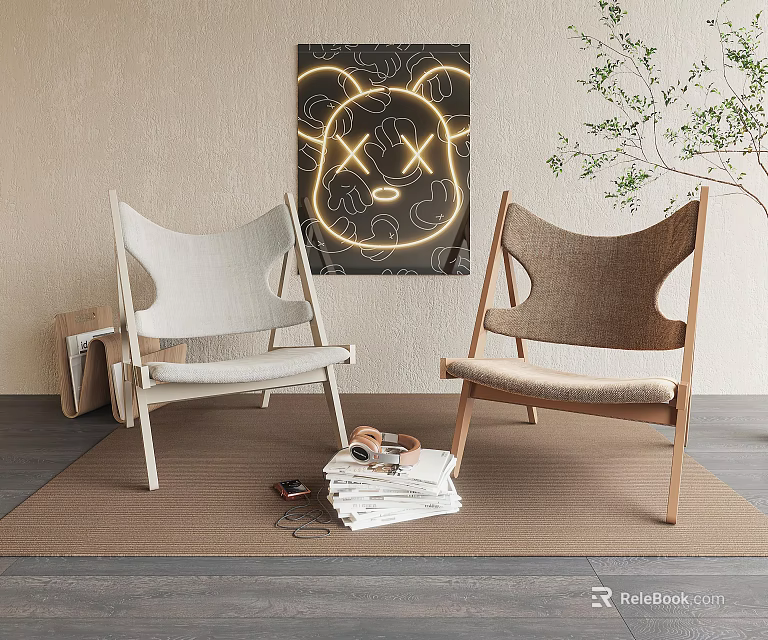 Stylish Comfortable Leisure Chairs With Wooden Frame Fabric Seat And Wall Art Neon Decor 3d model 