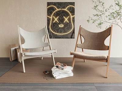 Stylish Comfortable Leisure Chairs With Wooden Frame Fabric Seat And Wall Art Neon Decor 3d model