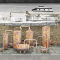 Indoor Display Of Rusty Industrial Equipment With Glass Fence Stone Wall And Traditional Chinese Architecture