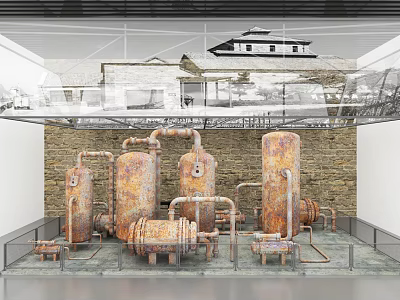 Indoor Display Of Rusty Industrial Equipment With Glass Fence Stone Wall And Traditional Chinese Architecture 3d model