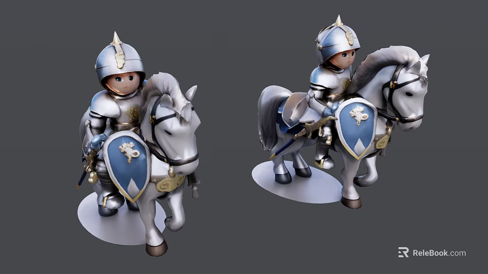 Detailed Knight On Horse Sculpture With Silver Armor And Blue Shield Figurine 3d model 