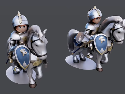 Detailed Knight On Horse Sculpture With Silver Armor And Blue Shield Figurine 3d model