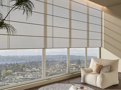 Light Filtering Linen Roller Blinds In Modern Living Room With City View And Beige Armchair 3d model