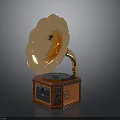 Classic Vintage Phonograph With Golden Flower Shaped Horn And Decorative Wooden Base