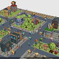 Colorful Cartoon Town Buildings In Various Styles With Streets Cars And Trees