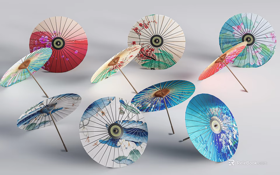 Colorful Traditional Oil Paper Umbrellas With Floral Patterns And Various Designs 3d model 