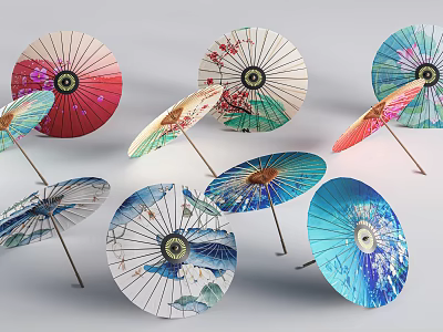 Colorful Traditional Oil Paper Umbrellas With Floral Patterns And Various Designs 3d model