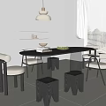 Modern Dining Table Set With Chairs Stools Pendant Light And Wall Shelf 3d model