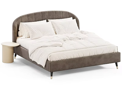 Double Bed with Curved Gray Velvet Headboard White Pillows Comforter Light Round Nightstand and Metal Legs 3d model