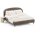 Double Bed with Curved Gray Velvet Headboard White Pillows Comforter Light Round Nightstand and Metal Legs