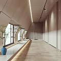 Modern Elevator Hallway Interior With Wooden Ceiling Linear Lighting And Blue Vase