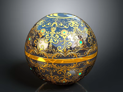 Ornate Blue And Gold Decorative Sphere With Intricate Patterns Golden Bands And Green Accents 3d model