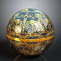 Ornate Blue And Gold Decorative Sphere With Intricate Patterns Golden Bands And Green Accents