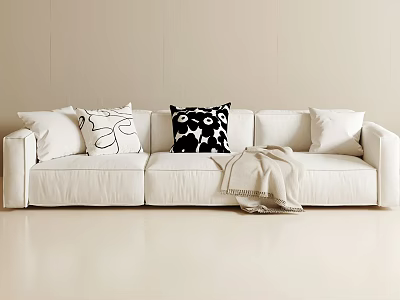 White Three Seater Sofa With Patterned Cushions And Blanket In Modern Interior 3d model