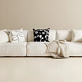 White Three Seater Sofa With Patterned Cushions And Blanket In Modern Interior 3d model