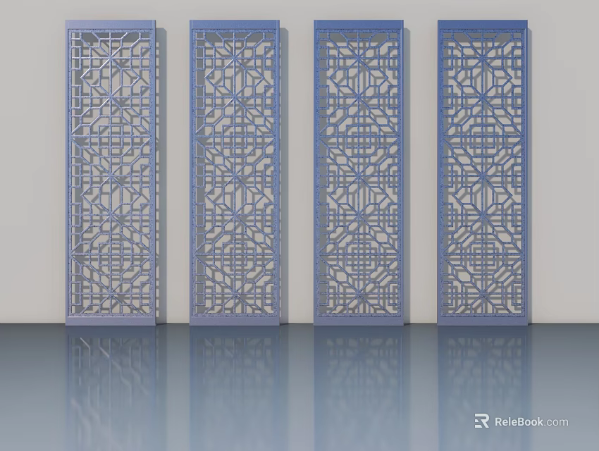 Four Blue Swing Doors With Intricate Laser Cut Geometric Patterns Design 3d model