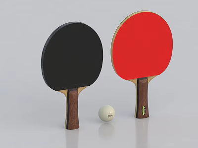 Professional Ping Pong Paddles With Black Red Surfaces And Wooden Handles And White Ball 3d model