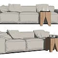 Modern three-seater sofa in linen fabric with plush throw pillows and wooden side table