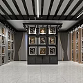 Art Gallery Interior With Paintings White Tiled Floor Central Pillar And Striped Ceiling