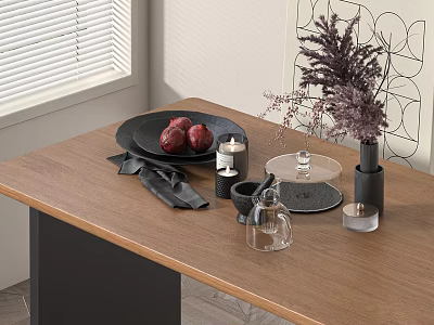 Ornamental Decor Set Featuring Red Apples Black Plate Candles Purple Dried Flowers On Wooden Table 3d model