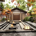 Japanese Courtyard Garden With Stone Lanterns Fire Pits Water Features And Autumn Trees