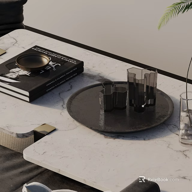 Stylish Modern Sofa And Coffee Table Set With Marble Top Black Tray Glass Candle Holders 3d model 