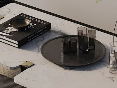 Stylish Modern Sofa And Coffee Table Set With Marble Top Black Tray Glass Candle Holders 3d model