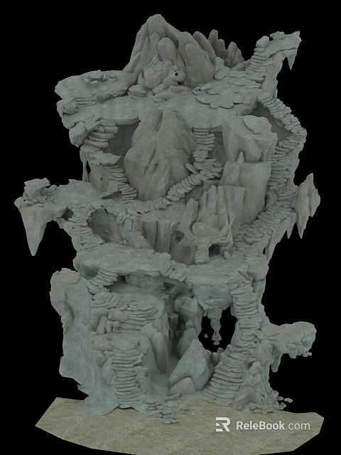 Intricate 3D Stone Mountain Structure With Winding Stairs And Cave Paths 3d model 
