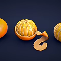 Fresh Oranges In Whole Peeled Segmented States With Peel On Dark Blue Background