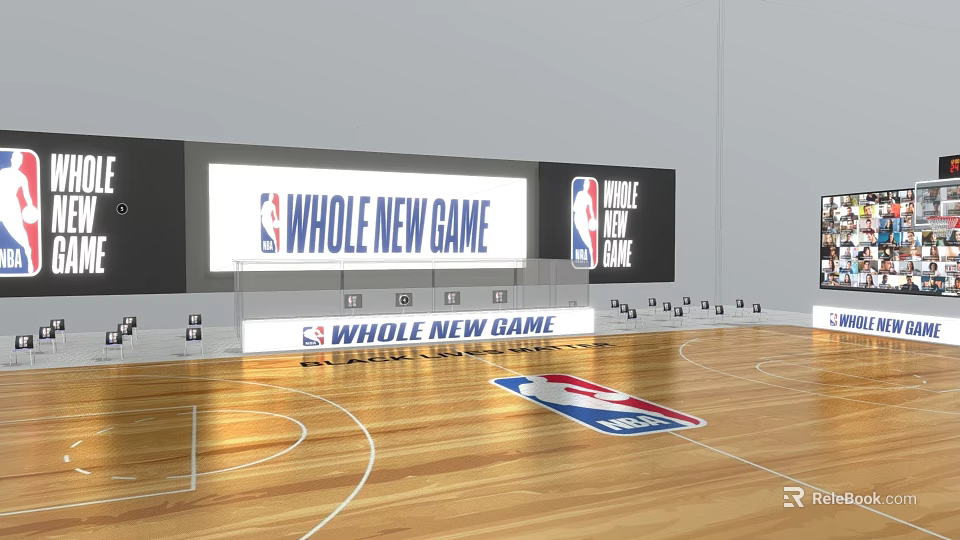 Basketball Gym Interior Featuring Wooden Floor NBA Logo Large Screen And Whole New Game 3d model 
