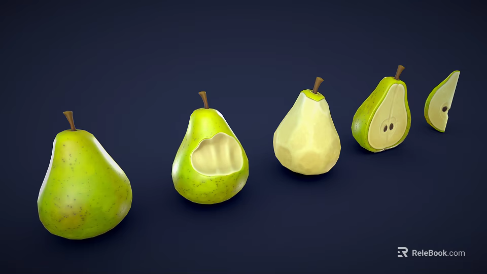 Fresh Green Pears Displayed in Whole Bitten and Sliced States on Dark Background 3d model 