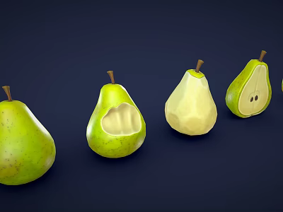 Fresh Green Pears Displayed in Whole Bitten and Sliced States on Dark Background 3d model