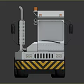 White Industrial Towing Truck with Yellow Black Stripes and Orange Warning Lights