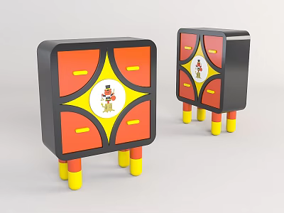 Entryway Cabinet And Side Cabinet With Black Frame Red Panels Colorful Legs Decorative Round Yellow Center 3d model