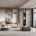 Modern Living Room Interior With Beige Sofa Coffee Table Floor Lamp Green Plant And Bookshelves