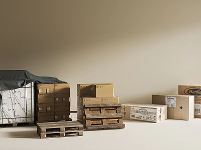 Supermarket Grocery Storage With Stacked Cardboard Wooden Boxes On Pallets And Covered Cargo 3d model